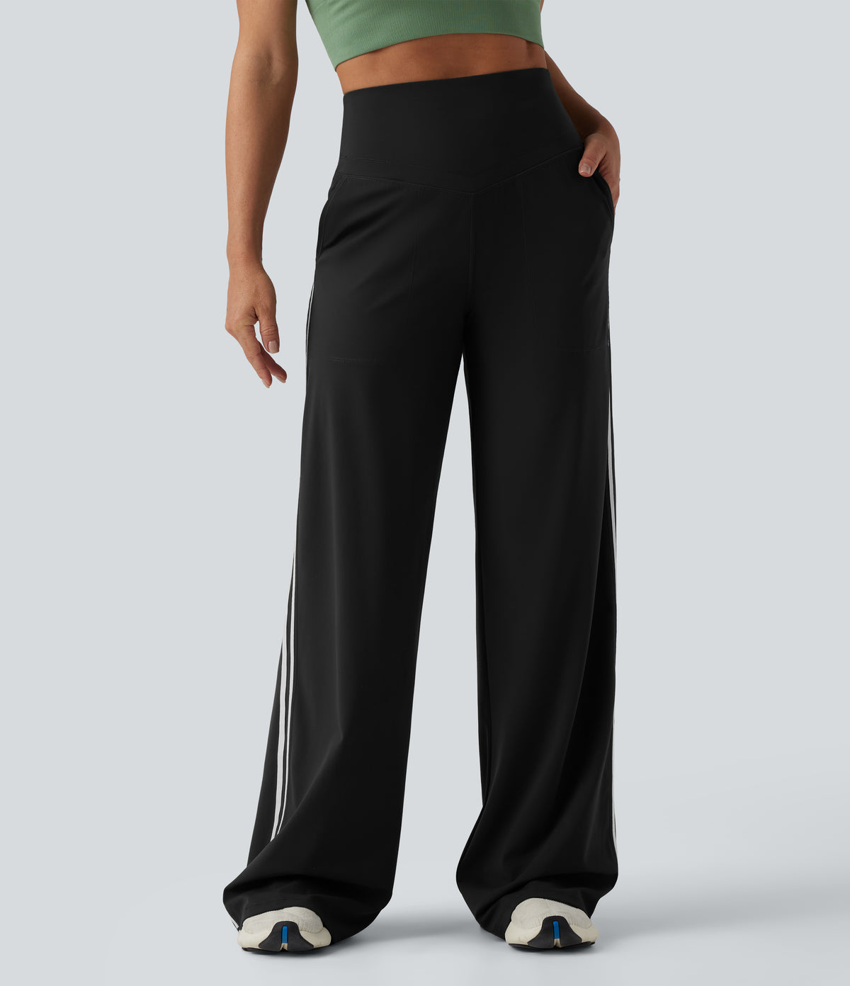 High-Waisted Side-Stripe Baggy Trousers – Black