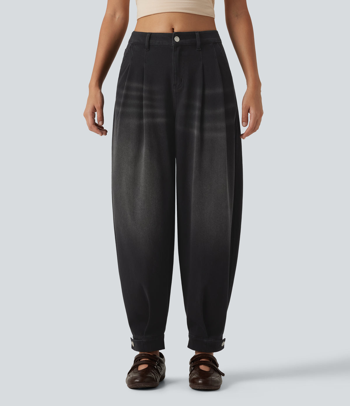 Mid-Rise Balloon Denim Joggers – Black