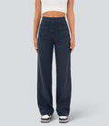 High-Waisted Button-Detail Straight-Leg Trousers – Navy