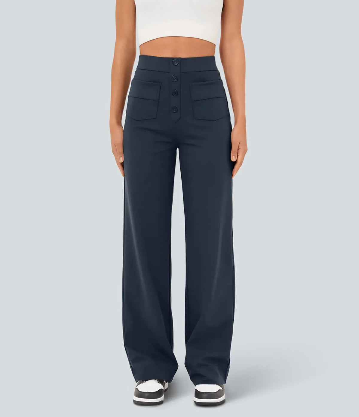 High-Waisted Button-Detail Straight-Leg Trousers – Navy