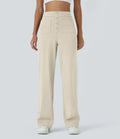 High-Waisted Button-Detail Straight-Leg Trousers – Beige