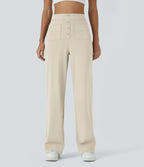 High-Waisted Button-Detail Straight-Leg Trousers – Beige