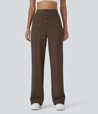 High-Waisted Button-Detail Straight-Leg Trousers – Brown