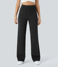 High-Waisted Button-Detail Straight-Leg Trousers – Black