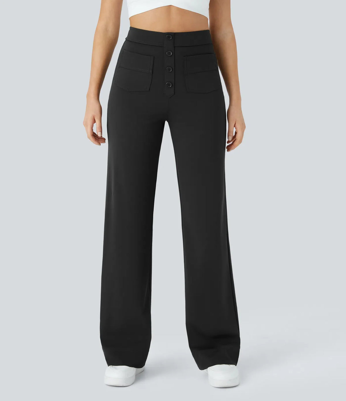 High-Waisted Button-Detail Straight-Leg Trousers – Black