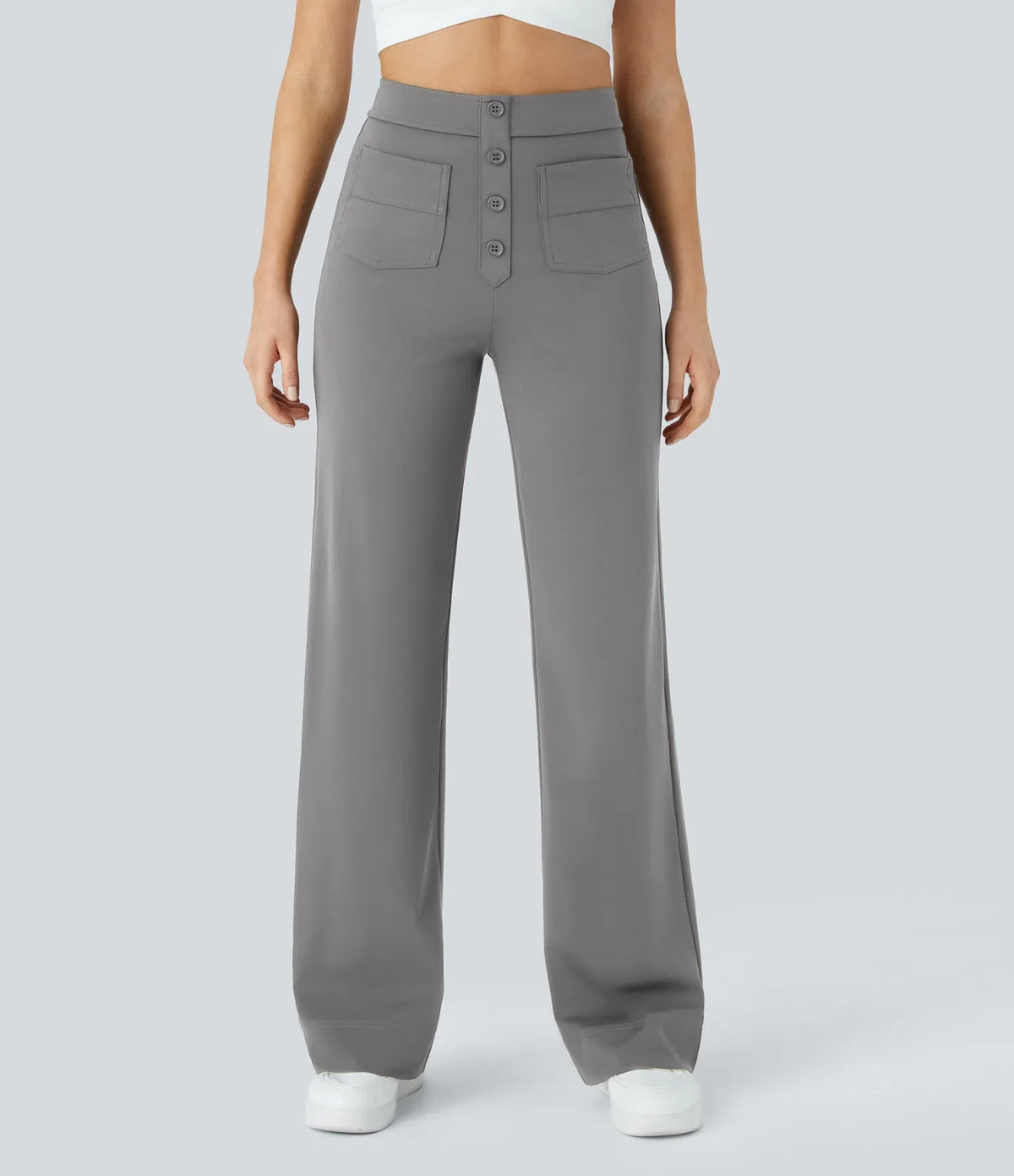 High-Waisted Button-Detail Straight-Leg Trousers – Grey