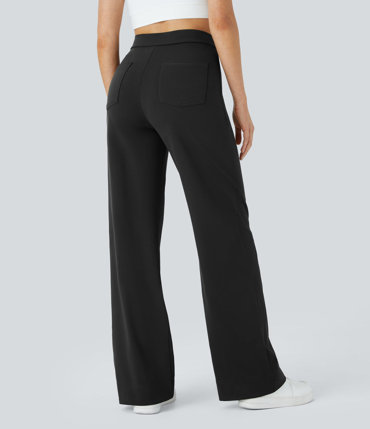 High-Waisted Button-Detail Straight-Leg Trousers – Black