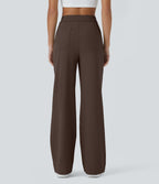High-Waisted Button-Detail Straight-Leg Trousers – Brown