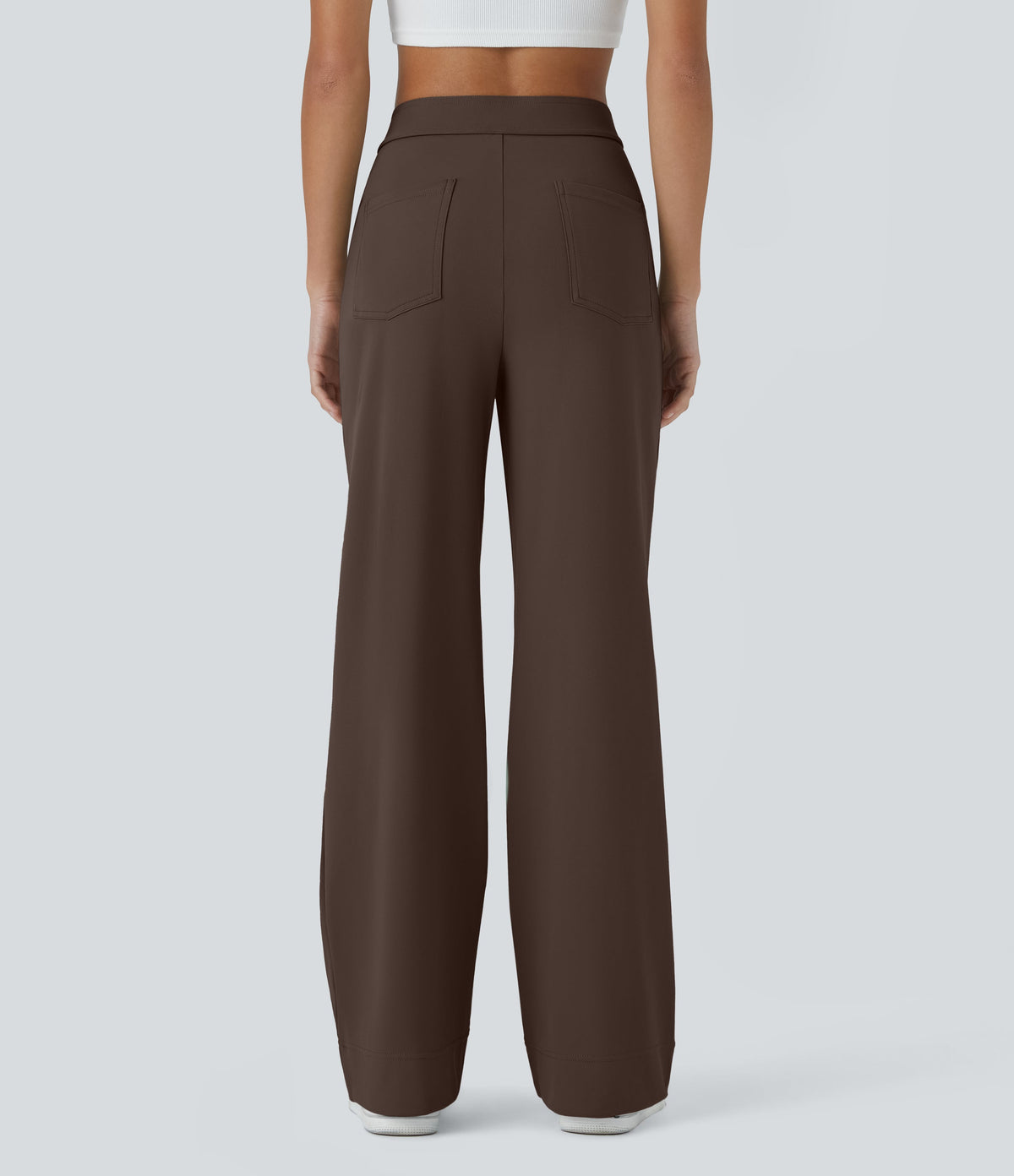 High-Waisted Button-Detail Straight-Leg Trousers – Brown