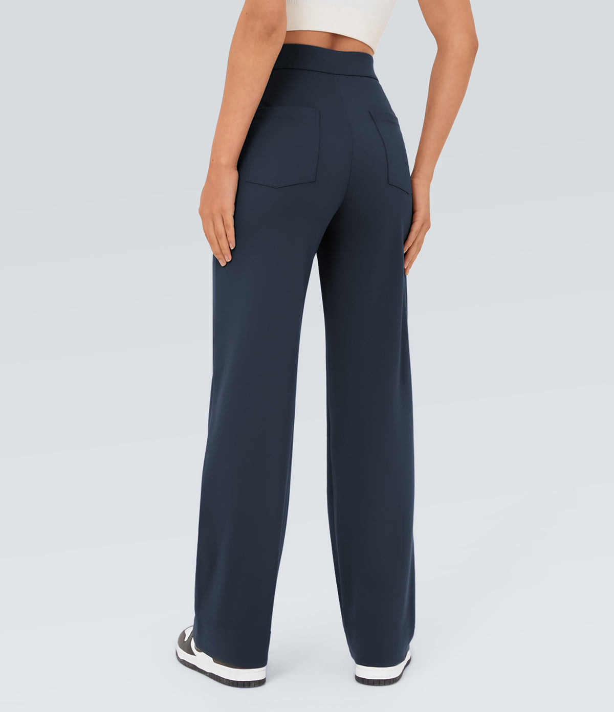 High-Waisted Button-Detail Straight-Leg Trousers – Navy