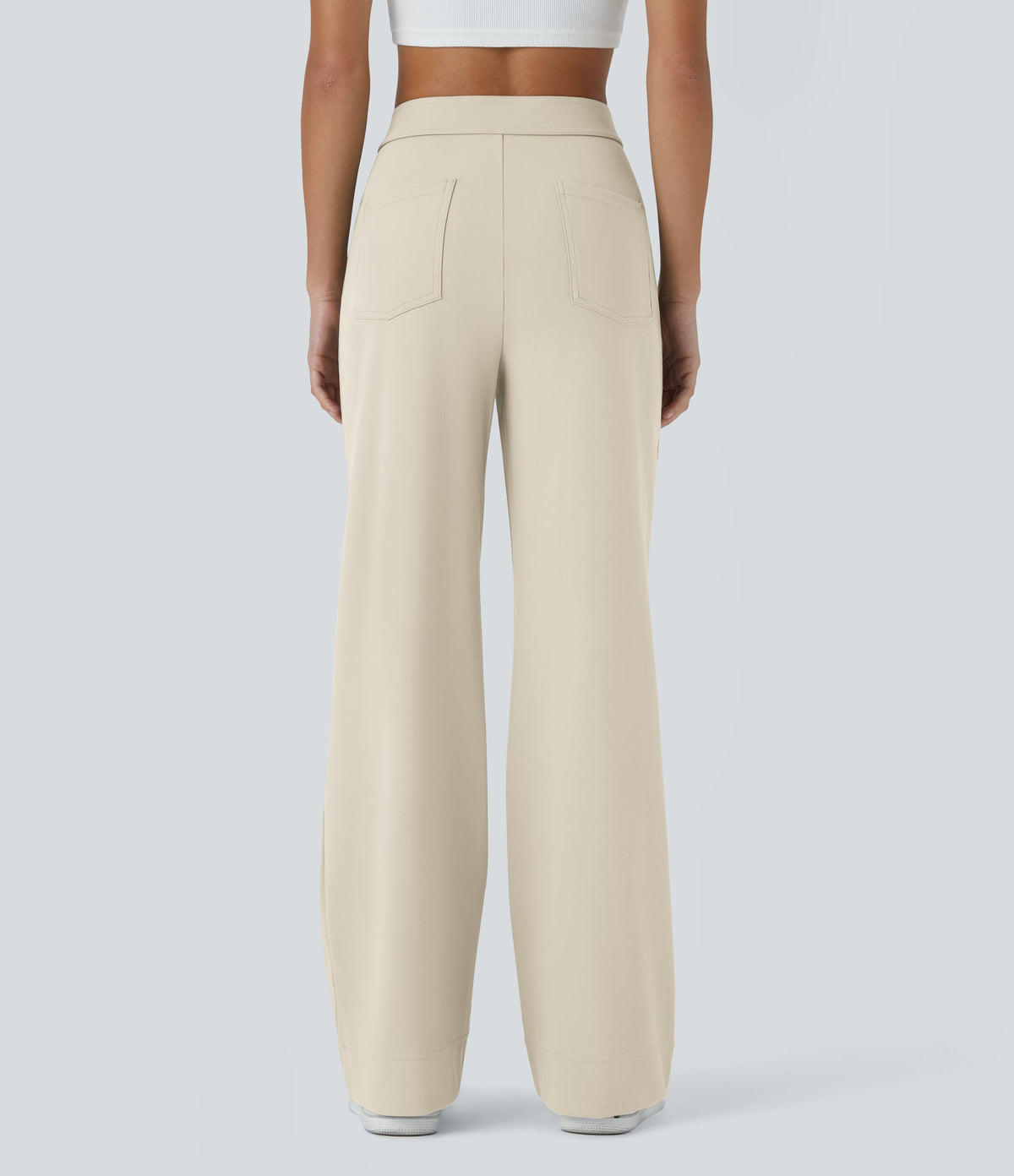High-Waisted Button-Detail Straight-Leg Trousers – Beige