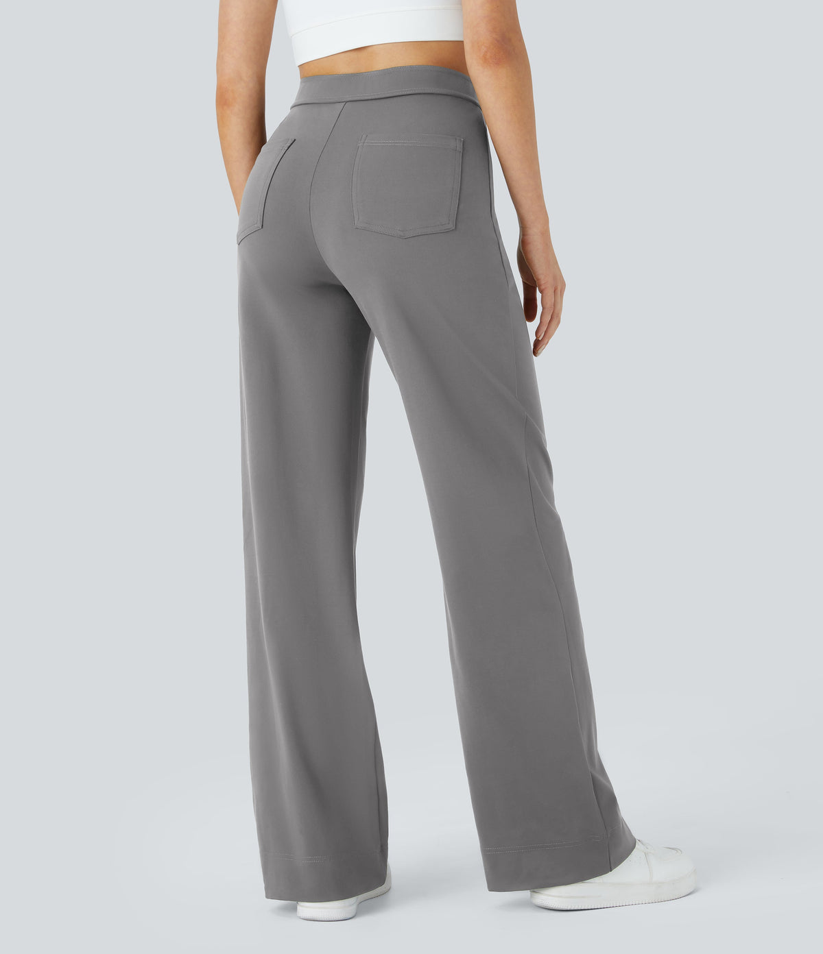 High-Waisted Button-Detail Straight-Leg Trousers – Grey