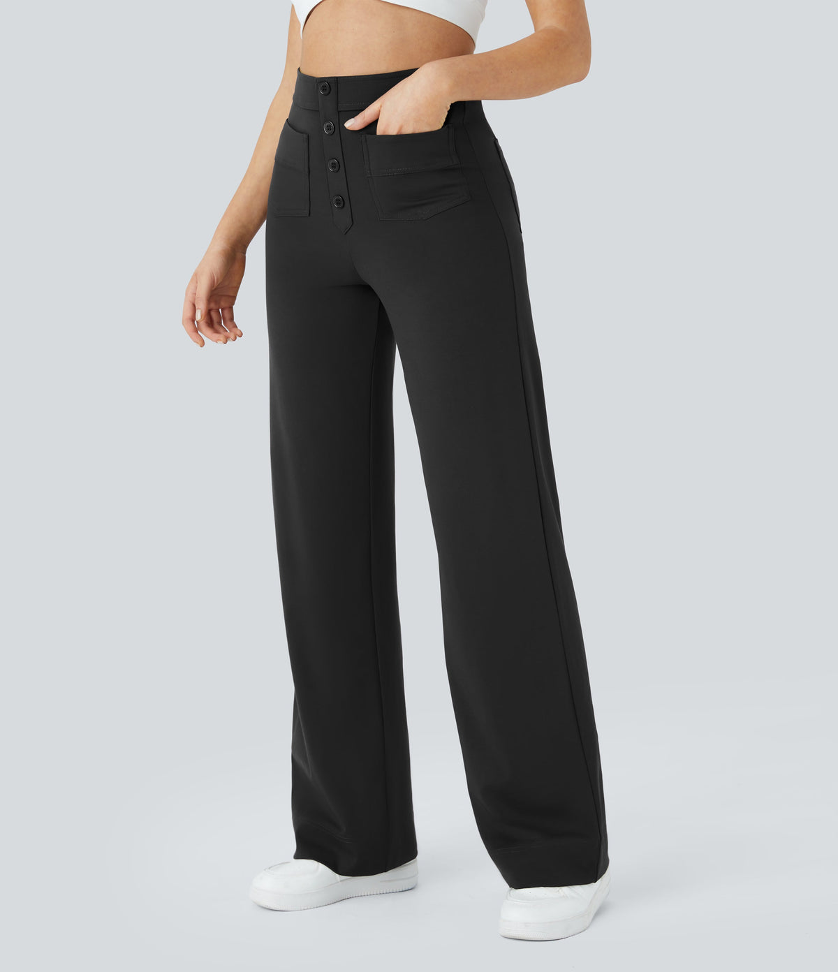High-Waisted Button-Detail Straight-Leg Trousers – Black
