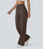 High-Waisted Button-Detail Straight-Leg Trousers – Brown