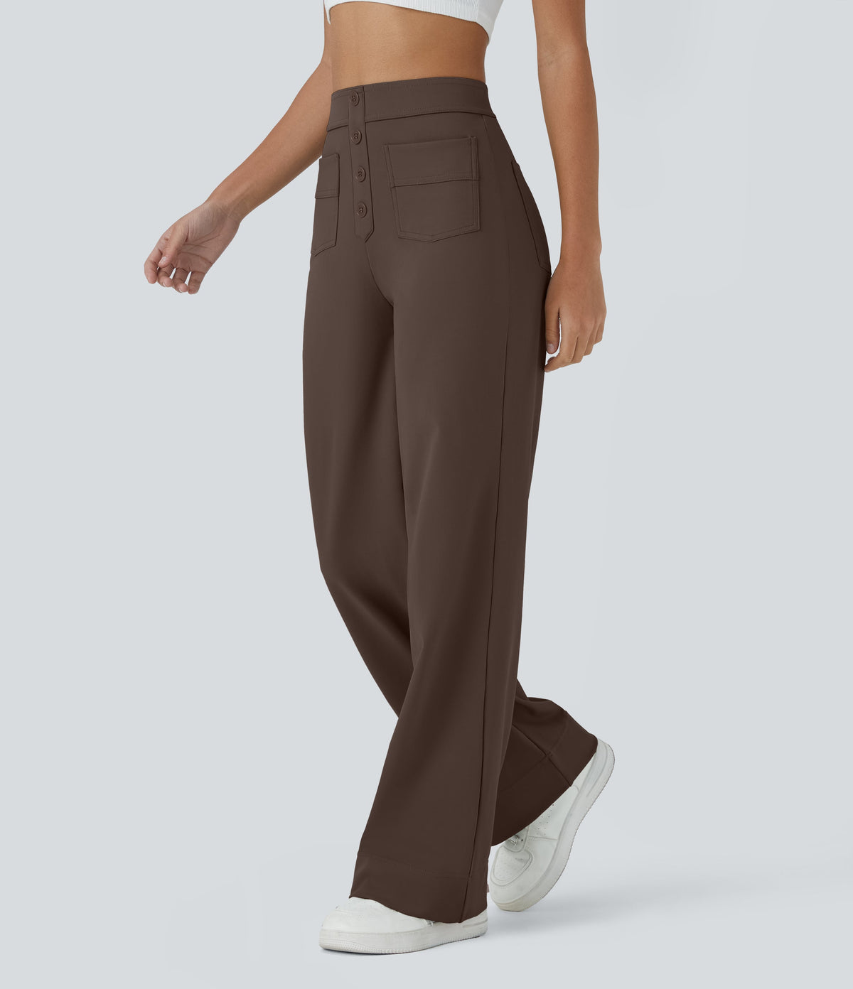 High-Waisted Button-Detail Straight-Leg Trousers – Brown