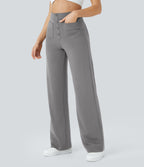 High-Waisted Button-Detail Straight-Leg Trousers – Grey