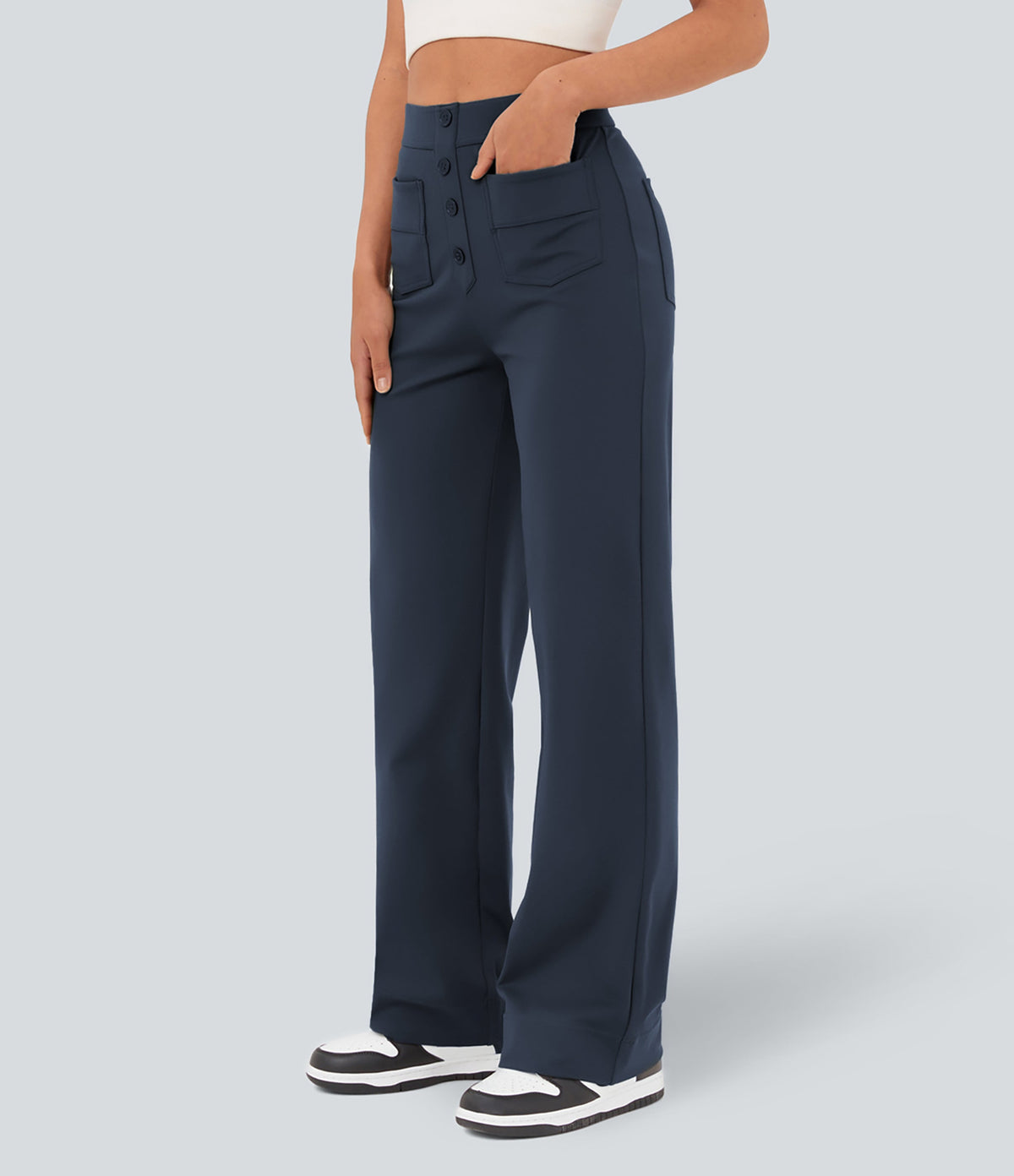High-Waisted Button-Detail Straight-Leg Trousers – Navy