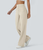 High-Waisted Button-Detail Straight-Leg Trousers – Beige