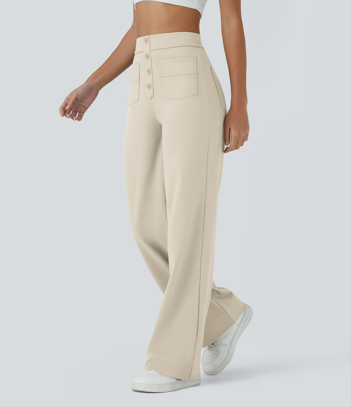 High-Waisted Button-Detail Straight-Leg Trousers – Beige