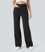 High-Waisted Button-Detail Straight-Leg Trousers – Black