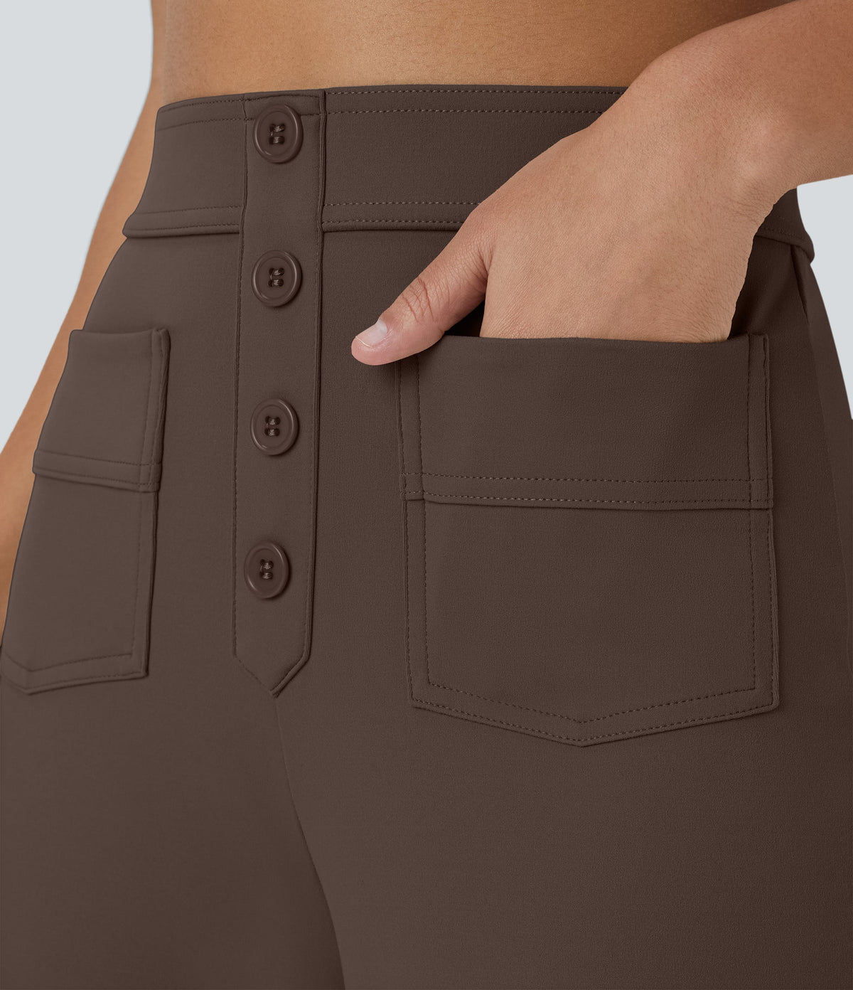 High-Waisted Button-Detail Straight-Leg Trousers – Brown