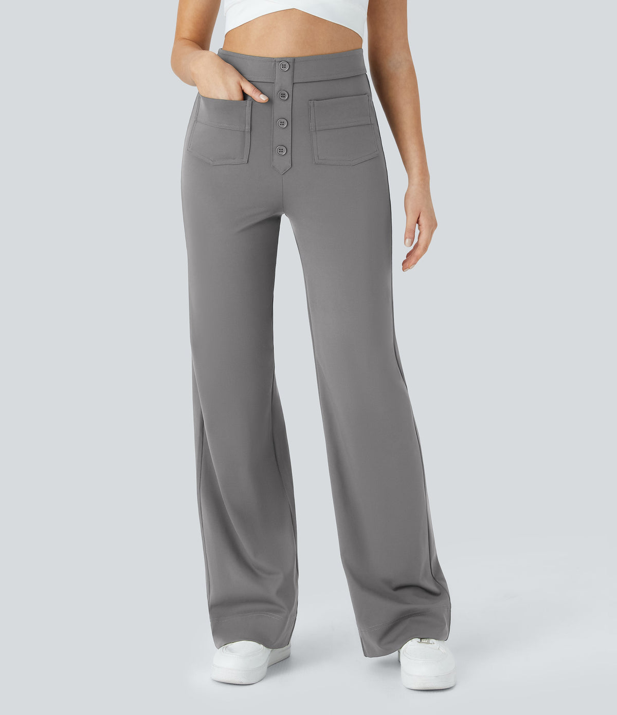 High-Waisted Button-Detail Straight-Leg Trousers – Grey