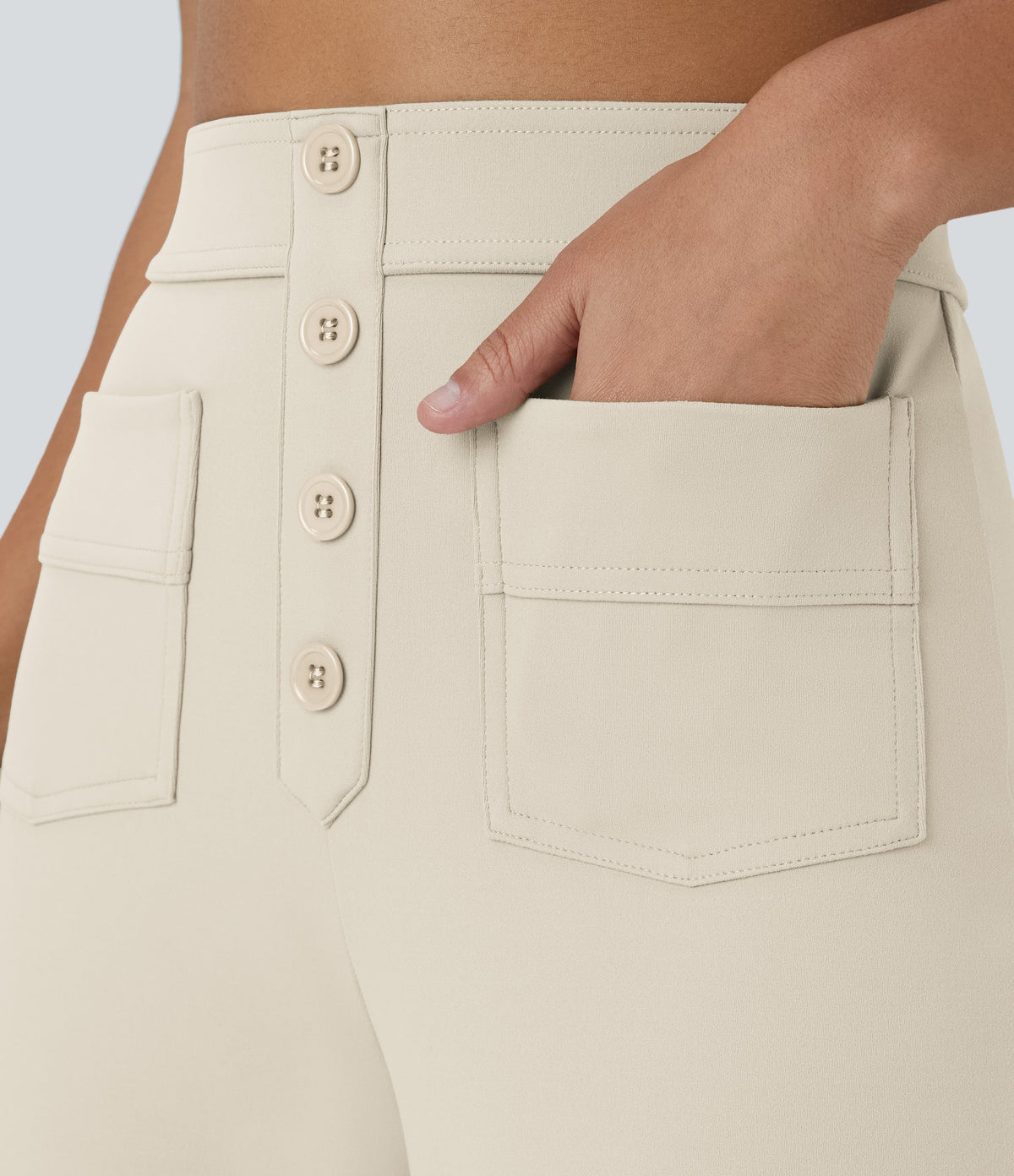 High-Waisted Button-Detail Straight-Leg Trousers – Beige