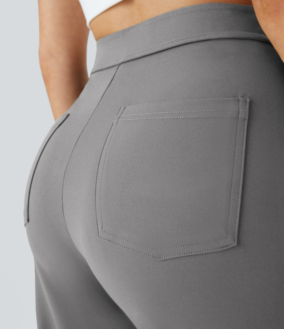 High-Waisted Button-Detail Straight-Leg Trousers – Grey