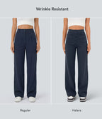 High-Waisted Button-Detail Straight-Leg Trousers – Navy