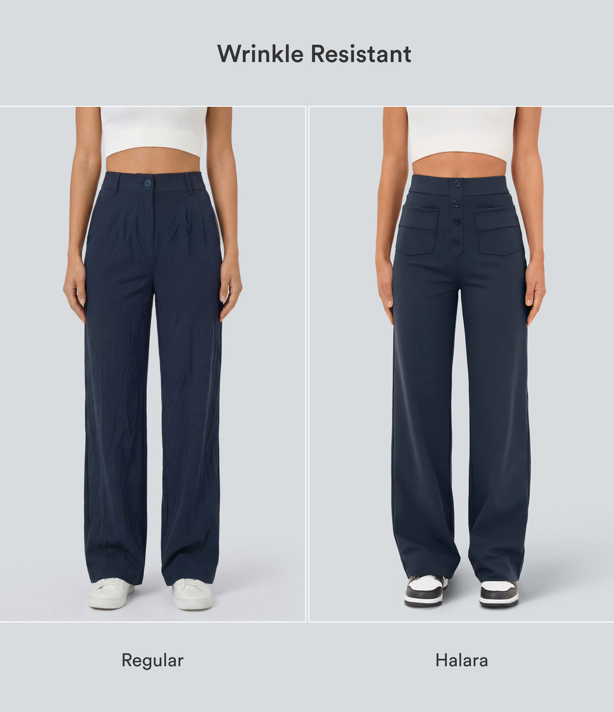 High-Waisted Button-Detail Straight-Leg Trousers – Navy