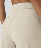 High-Waisted Button-Detail Straight-Leg Trousers – Beige