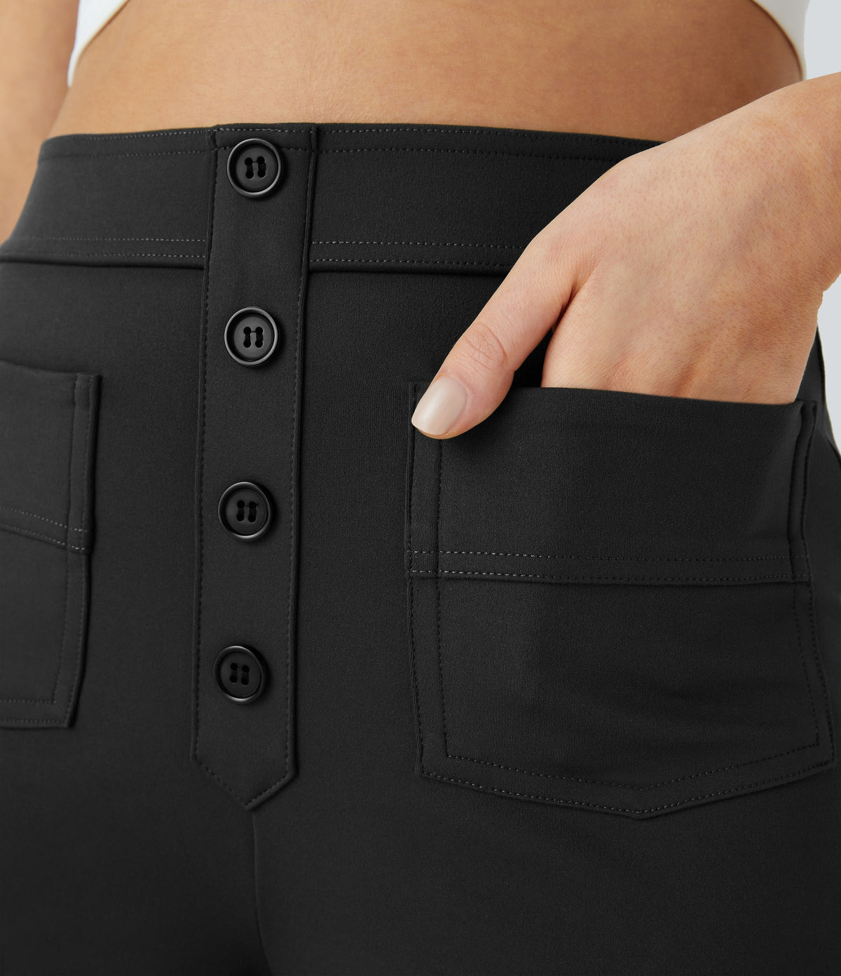 High-Waisted Button-Detail Straight-Leg Trousers – Black