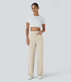 High-Waisted Button-Detail Straight-Leg Trousers – Beige