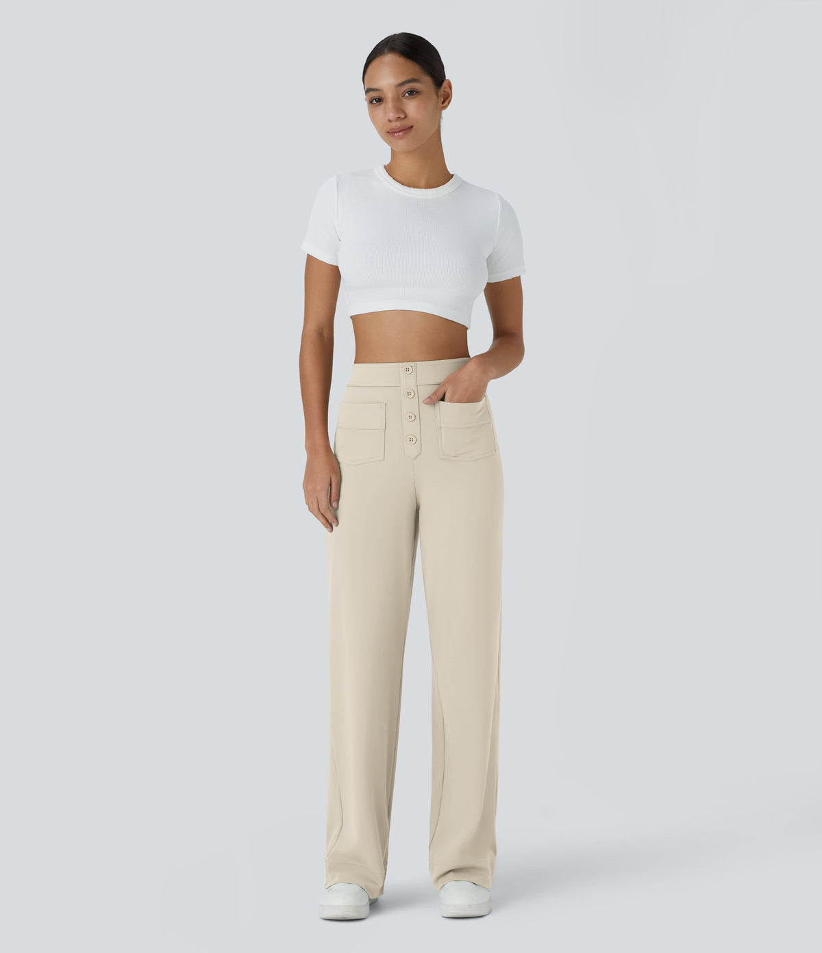 High-Waisted Button-Detail Straight-Leg Trousers – Beige