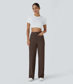 High-Waisted Button-Detail Straight-Leg Trousers – Brown