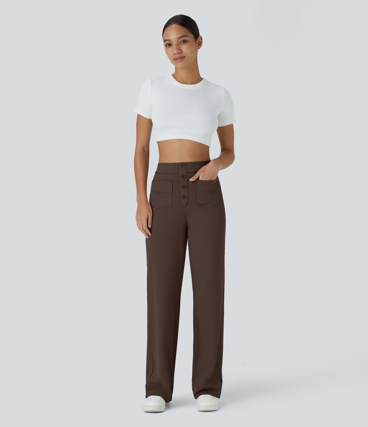 High-Waisted Button-Detail Straight-Leg Trousers – Brown
