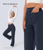 High-Waisted Button-Detail Straight-Leg Trousers – Navy