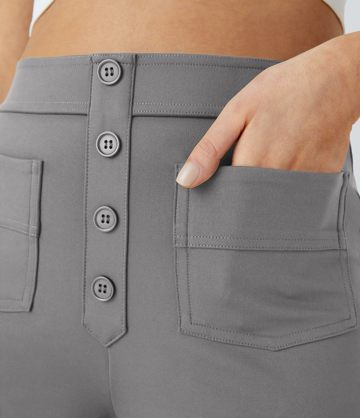 High-Waisted Button-Detail Straight-Leg Trousers – Grey