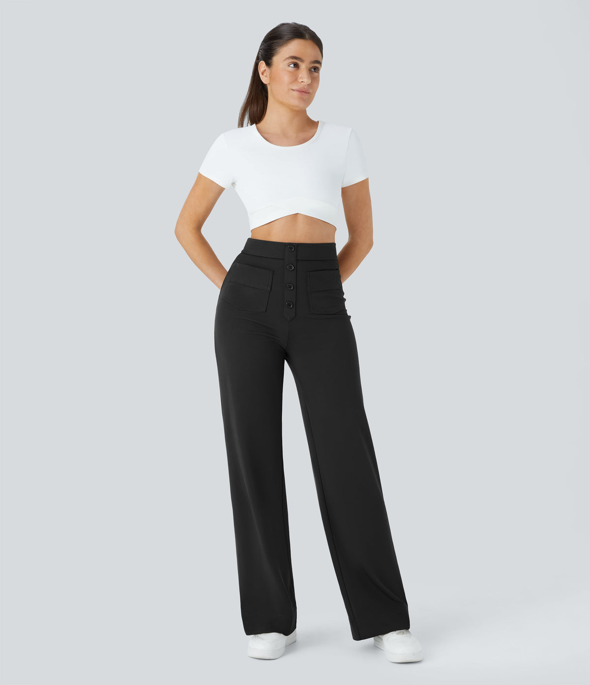 High-Waisted Button-Detail Straight-Leg Trousers – Black