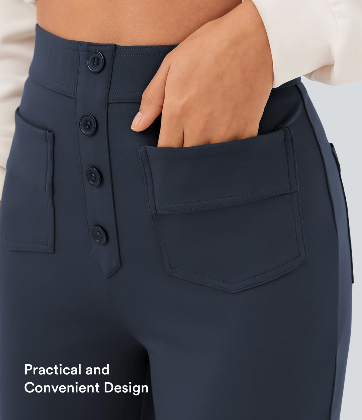 High-Waisted Button-Detail Straight-Leg Trousers – Navy