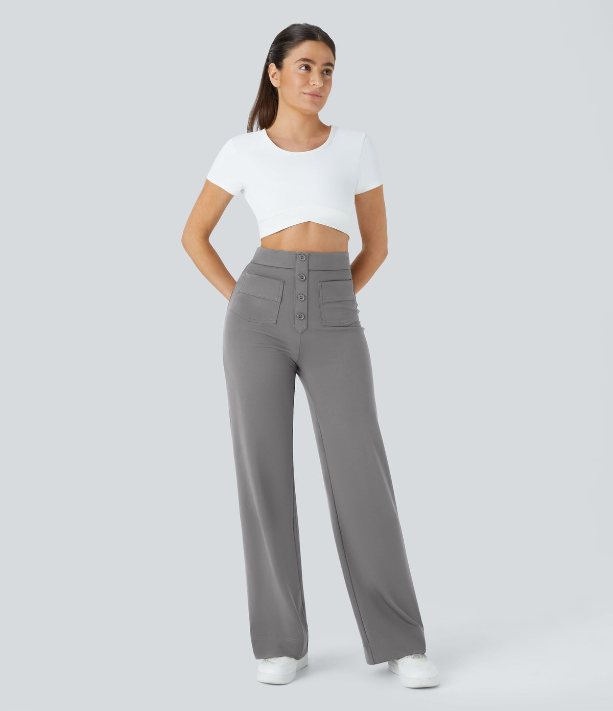 High-Waisted Button-Detail Straight-Leg Trousers – Grey