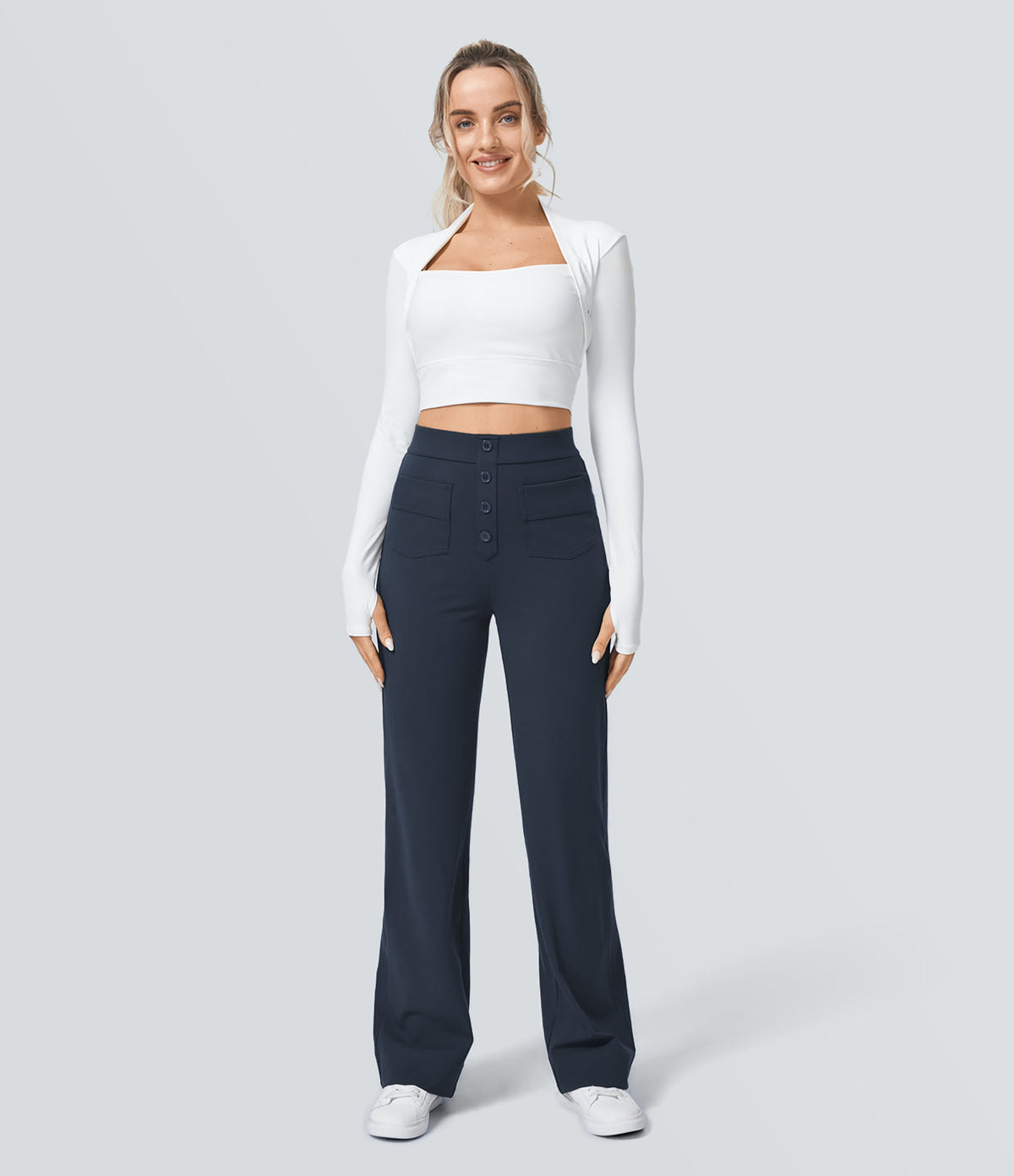 High-Waisted Button-Detail Straight-Leg Trousers – Navy