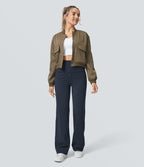High-Waisted Button-Detail Straight-Leg Trousers – Navy