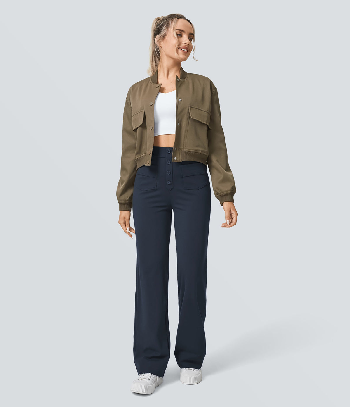 High-Waisted Button-Detail Straight-Leg Trousers – Navy